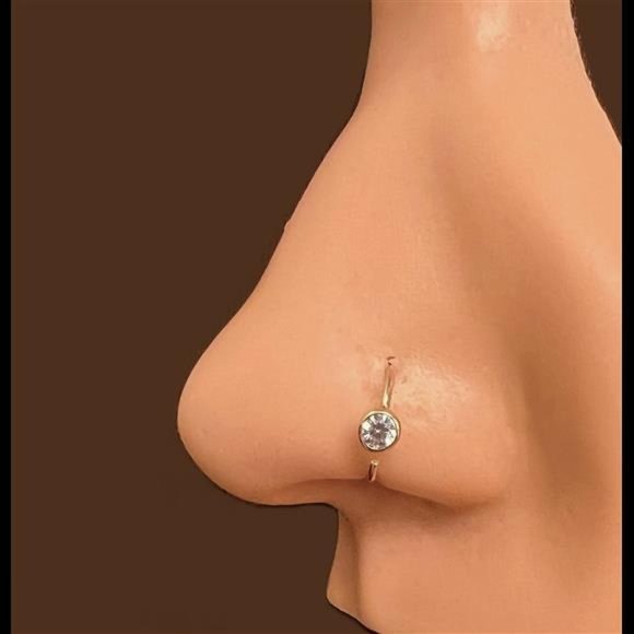 14kt Gold Nose Hoop with Diamond Ball Made With Real Gold - Picture 1 of 4